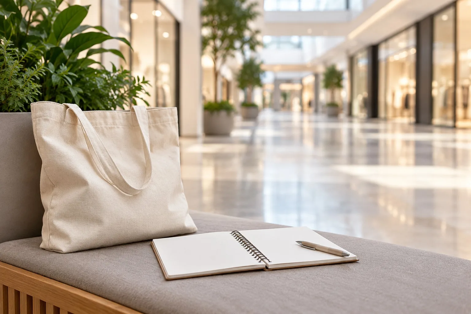 Neutrale Stofftasche und leeres Notizbuch zur Vorbereitung eines Einkaufsbesuchs.